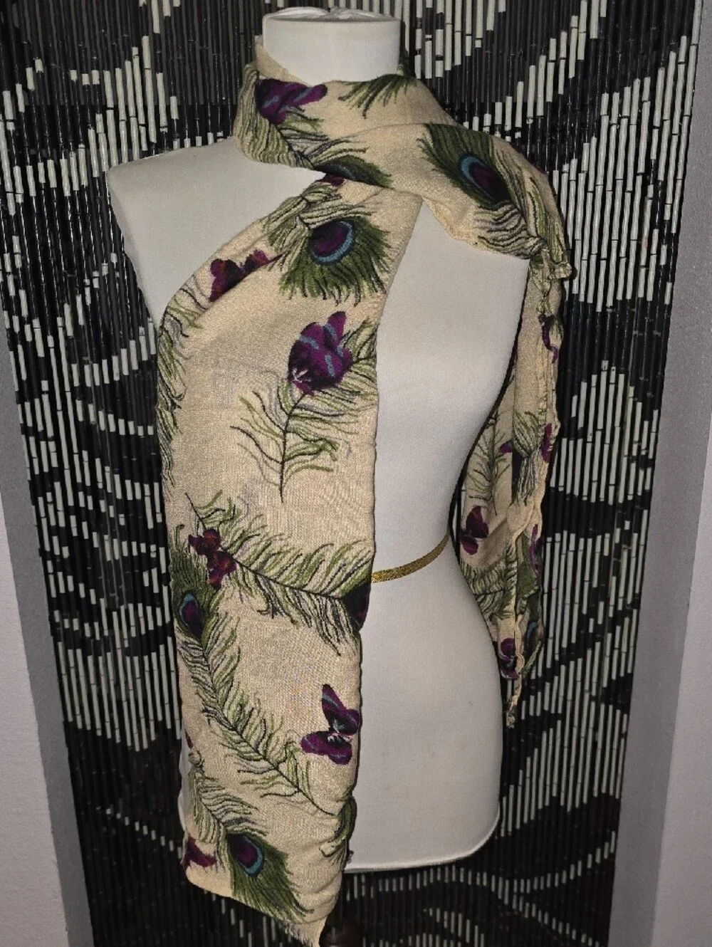 Cream Peacock Feather Print Scarf with Purple Butterfly Accents